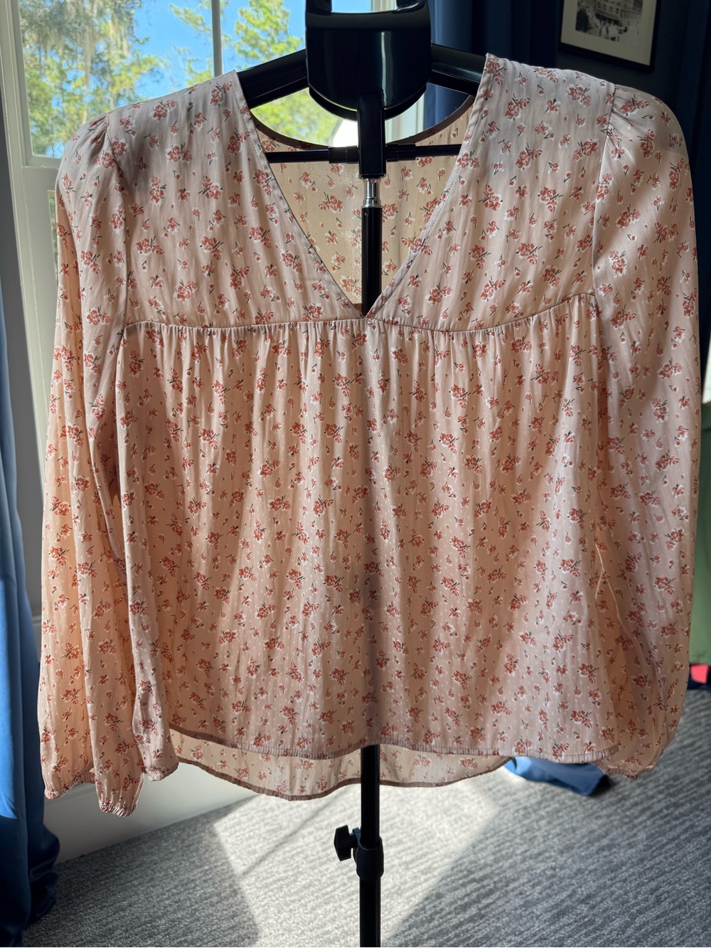 Madewell Satin Puff-Sleeve V-Neck Floral Blouse Pink Medium EUC